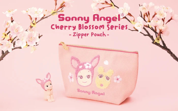 Sonny Angel Cherry Blossom Hanami Pouch featuring cartoon characters and a toy figurine, inspired by Japanese hanami, with sagara stitching and a charm zipper pull.