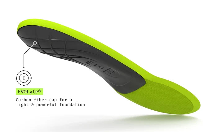 A Superfeet's Sport Ultralight Insole against a white background. Text reads "EVOLyte Carbon fiber cap for a light & powerful foundation"