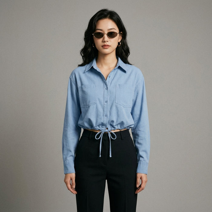 Chemise en denim à col montant et manches longues - Koreanxwear - Taille XL - Grande Taille