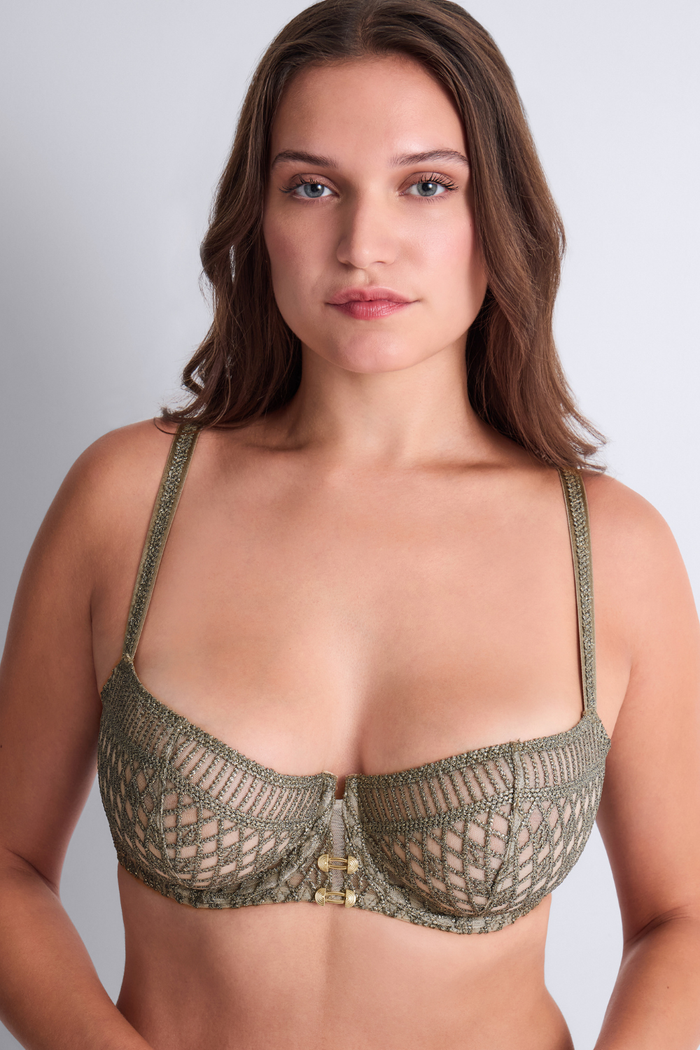 Womens Green Embroidery Half Cup Bra with Golden Jewels - Aubade Stardust Dream