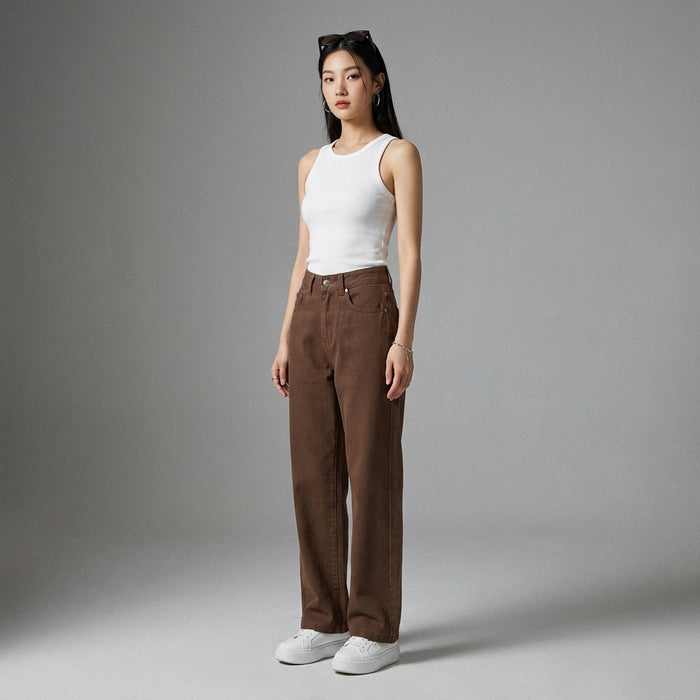 Pantalon denim droit taille haute marron pour femme - Koreanxwear - Taille XS