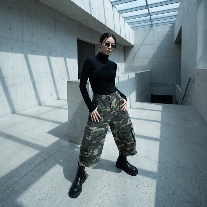 Pantalon cargo court vert militaire en denim - Koreanxwear