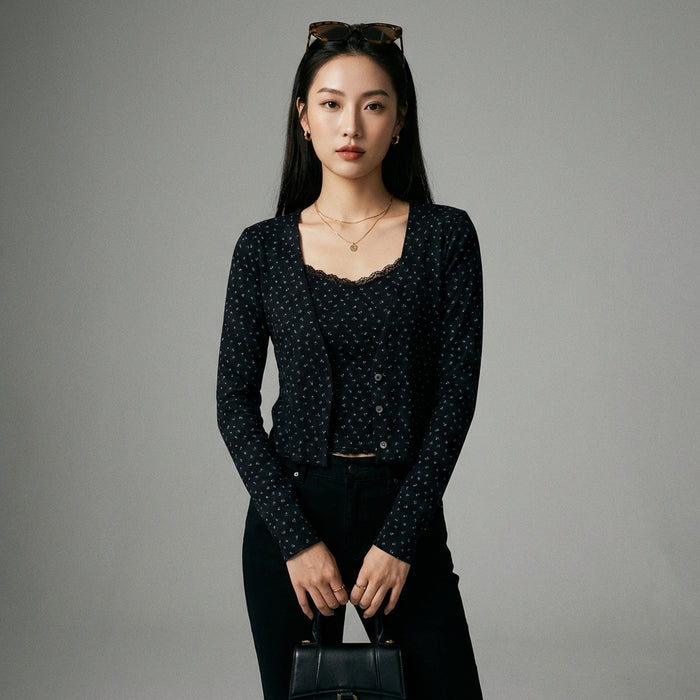 Ensemble cardigan rayé gris et camisole noire - Mode Coréenne - Taille S