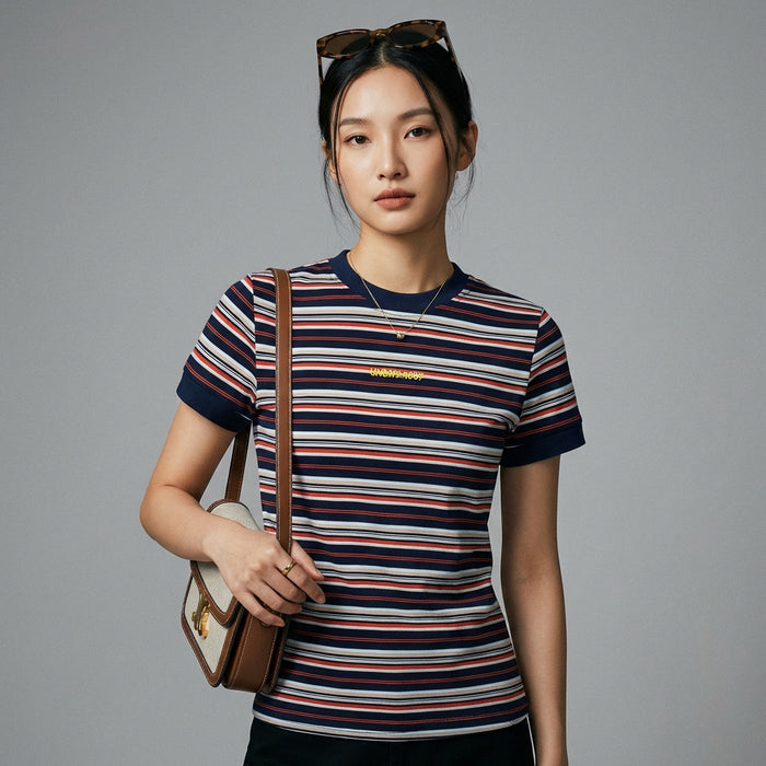 T-shirt brodé rayé à manches courtes coupe slim - Koreanxwear - Taille S