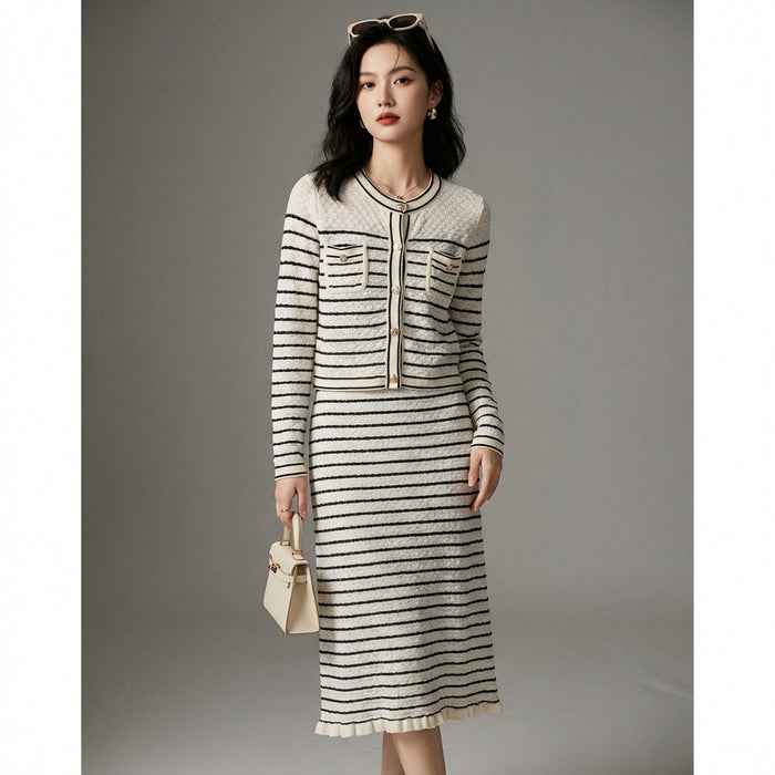 Ensemble pull et jupe tricotés rayés color block femme - Koreanxwear - Taille S