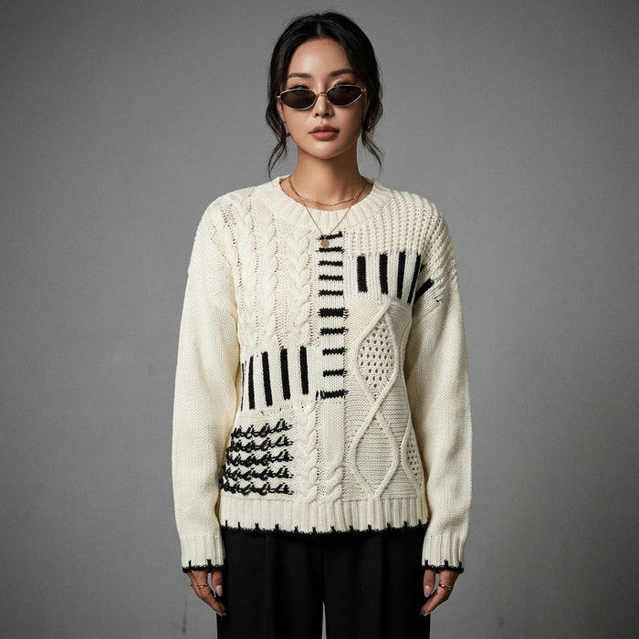 Pull rayé col rond color block beige - Style K-fashion femme - Taille S