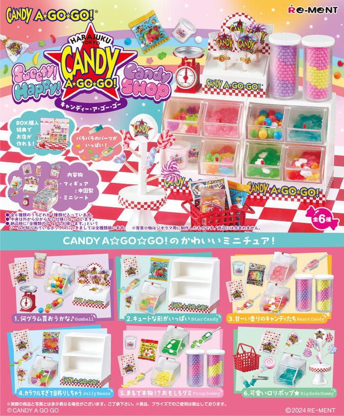 Sweety! Happy! Candy SHOP CANDY A☆GO☆GO! Re-ment Blind Box Series featuring candy-themed designs in a colorful display, showcased in a candy shop setting.