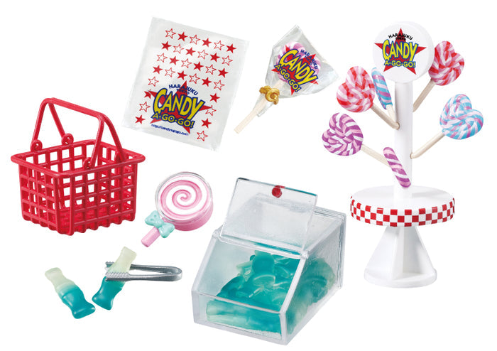 Sweety! Happy! Candy SHOP CANDY A☆GO☆GO! Re-ment Blind Box Series, featuring gummy candies, showcased in a red shopping basket with tweezers in action.