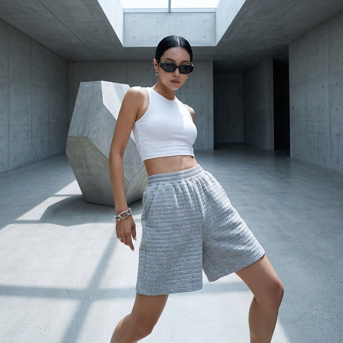 Short femme taille élastique texturé gris - Koreanxwear