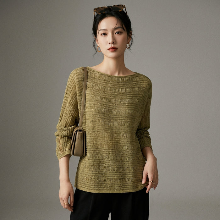 Pull femme en maille texturée vert olive, épaule dénudée - K-fashion - Taille S