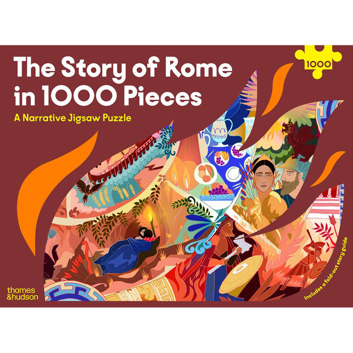 Jigsaw puzzle box titled 'The Story of Rome in 1000 Pieces' with colorful illustrations on a brown background.