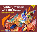 Jigsaw puzzle box titled 'The Story of Rome in 1000 Pieces' with colorful illustrations on a brown background.