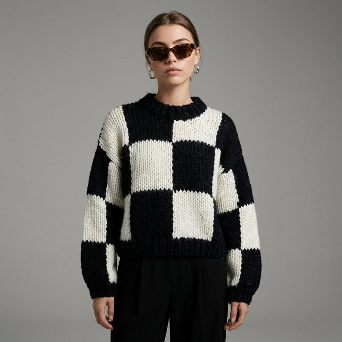 Pull en maille épaisse à carreaux, style décontracté K-fashion - Taille one size