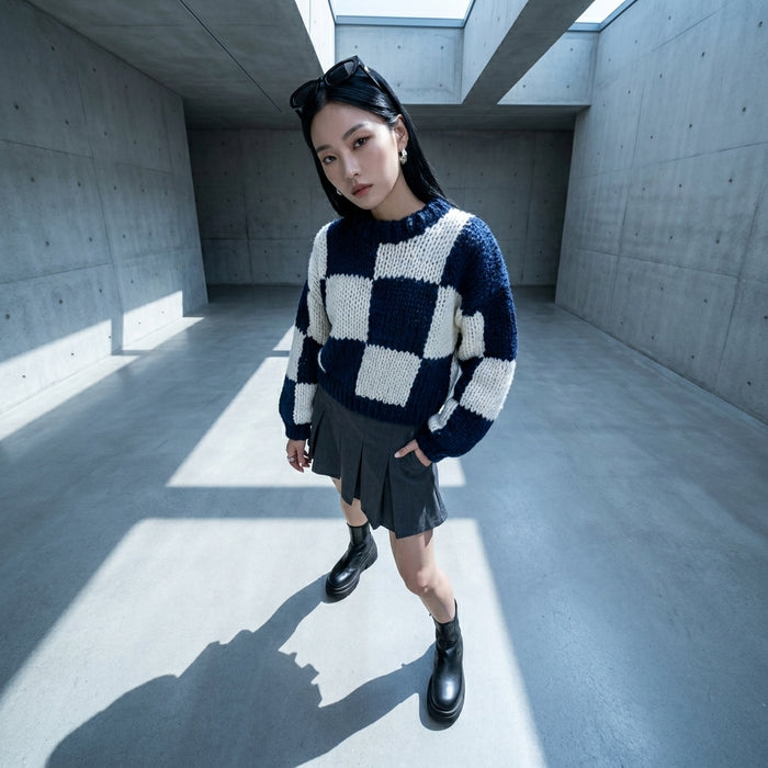 Pull en maille épaisse à carreaux, style décontracté K-fashion