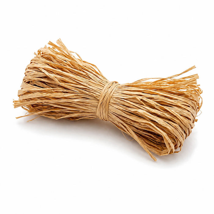 Trimmed Natural Raffia Bundle 300 grams on white background