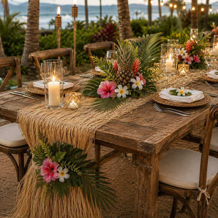 Trimmed Natural Raffia Bundle 300 grams styled as a fringed tropical table runner