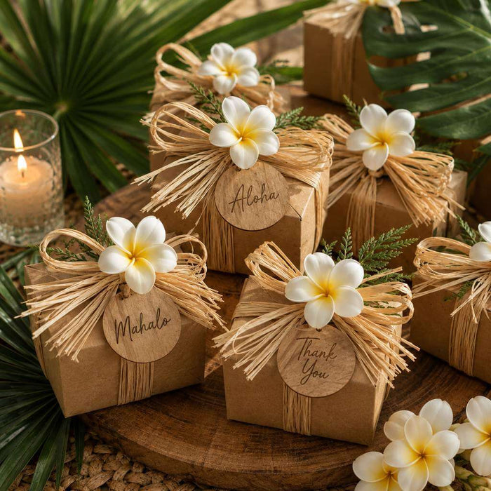 Trimmed Natural Raffia Bundle 300 grams used to decorate rustic favor boxes with plumeria flowers