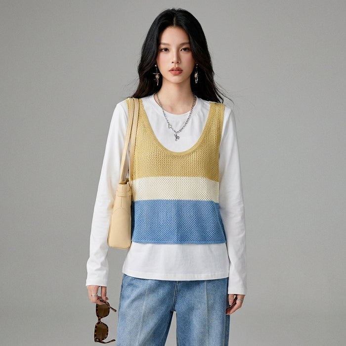 Haut tricoté bicolore style K-fashion col rond femme Koreanxwear - Taille S