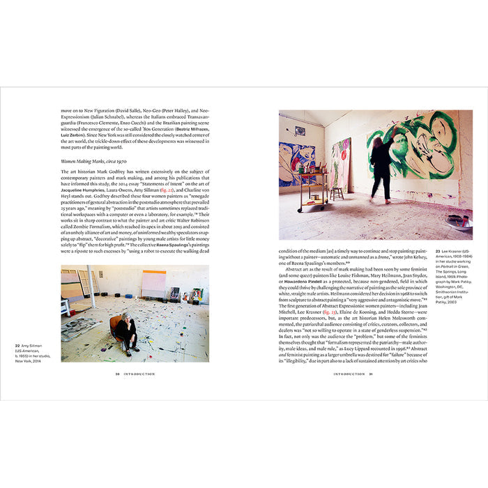 A printed magazine or book spread with two columns of text and two photographs showing an artist working on a colorful wall in a studio.