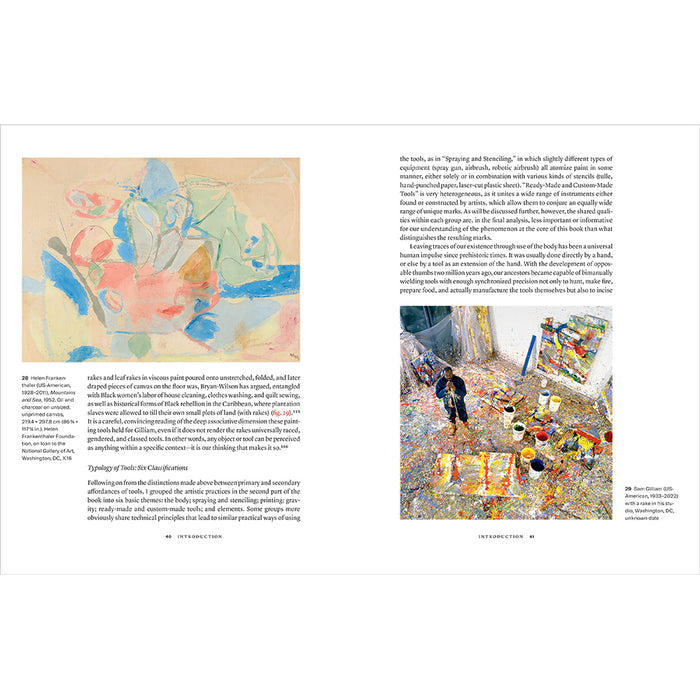 An open book spread showing two printed pages with text and two large color paintings. The left page has a pastel-style painting of a figure in blue, pink, and white, with caption text below.