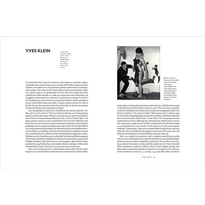 A printed page from a book or magazine featuring an article about Yves Klein, with a black-and-white photograph of a group of people on the right and several text columns on the left against a white page.