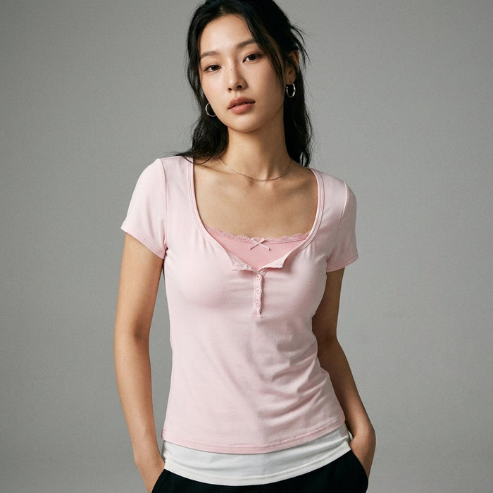 T-shirt femme col V effet superposé bicolore - Koreanxwear - Taille S