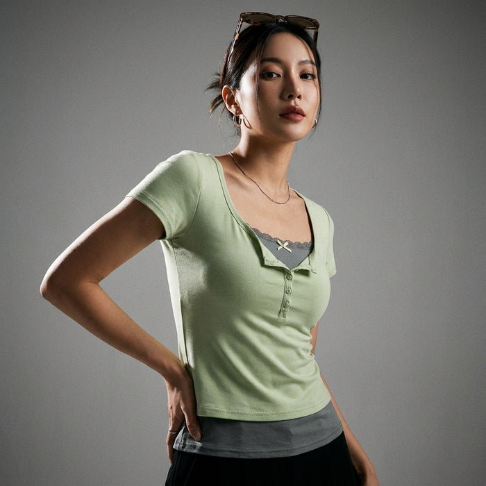 T-shirt femme col V effet superposé bicolore - Koreanxwear - Taille S