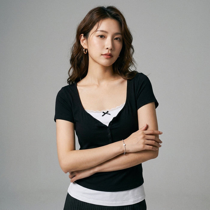 T-shirt femme col V effet superposé bicolore - Koreanxwear - Taille S