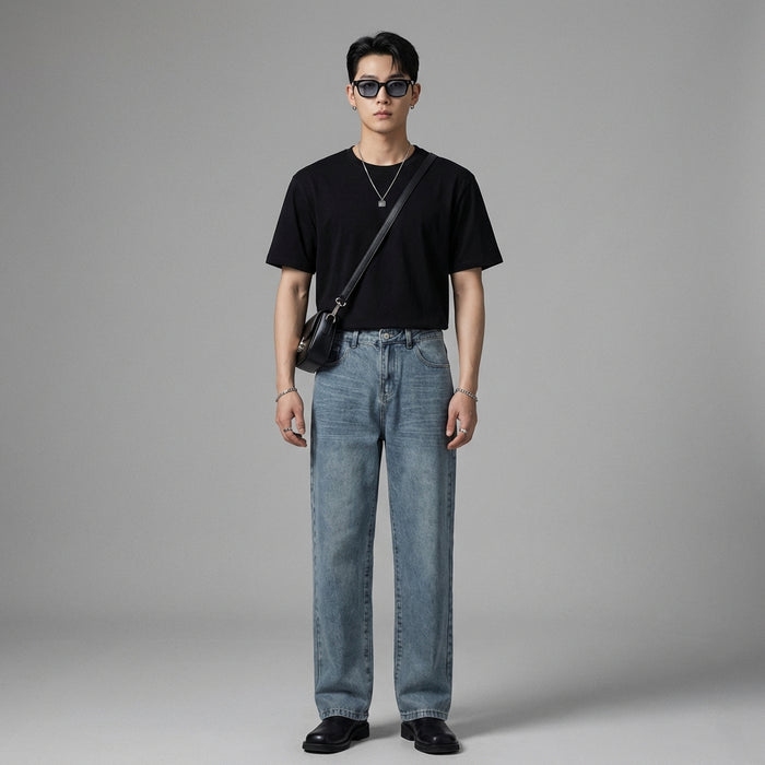 Jean droit délavé homme streetwear bleu - Koreanxwear - Taille S