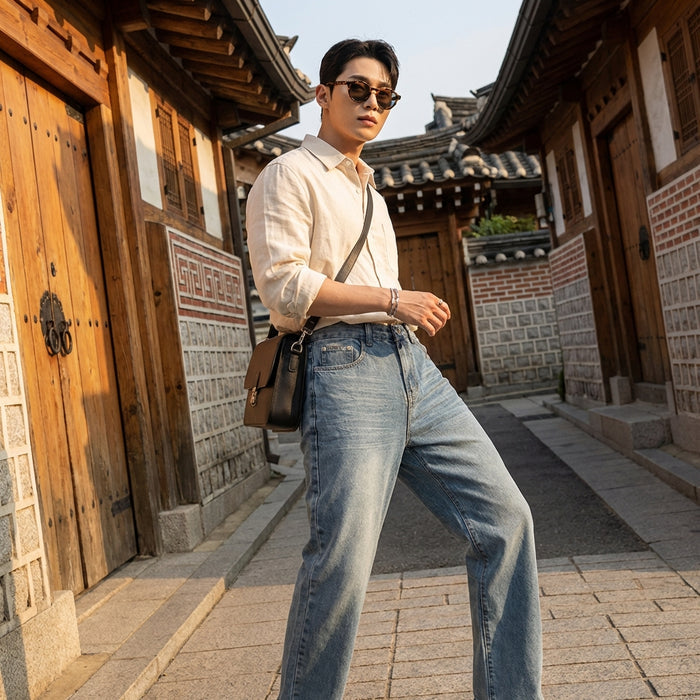 Jean droit délavé homme streetwear bleu - Koreanxwear