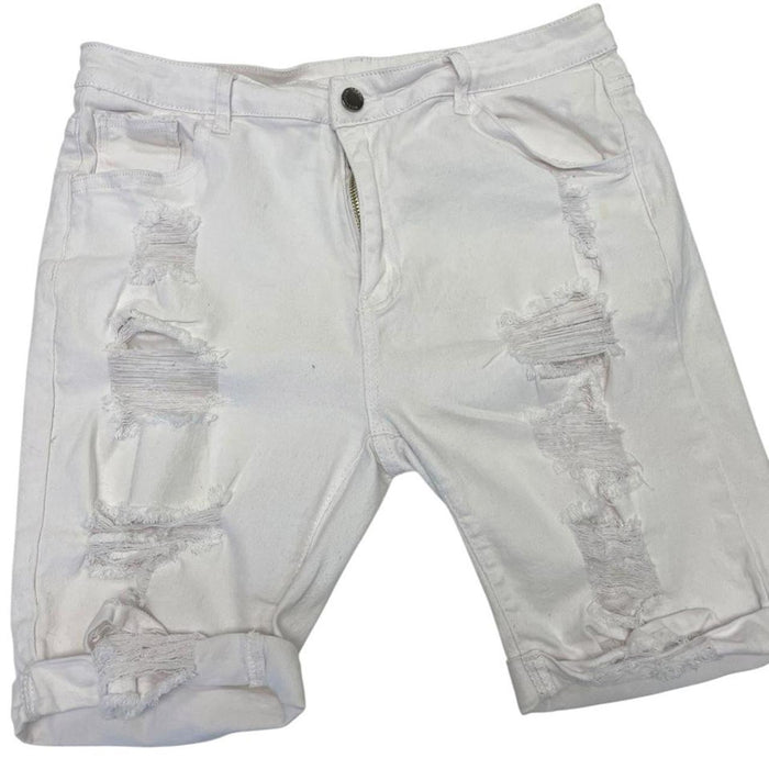 White distressed denim shorts