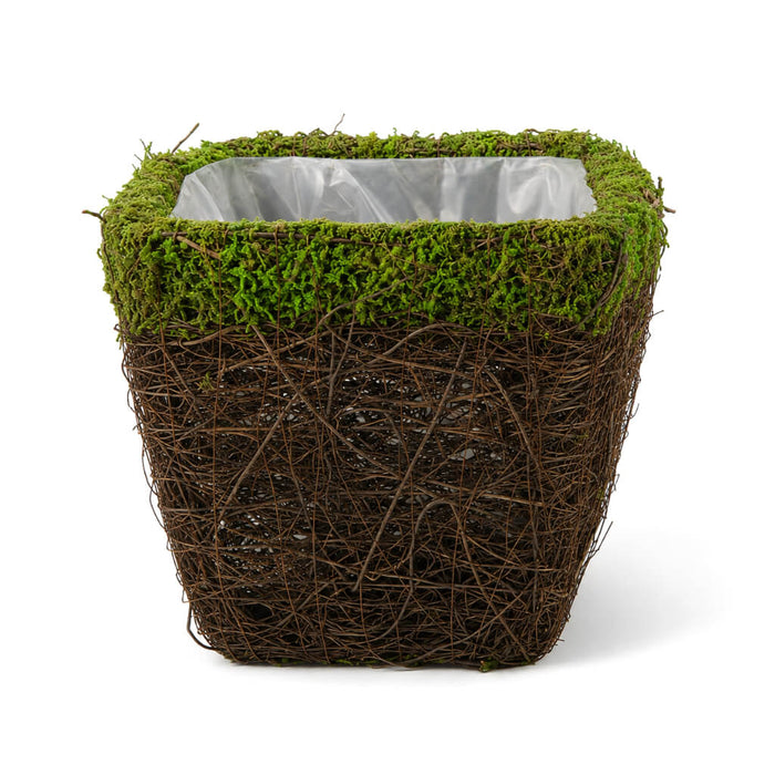 Empty wicker and moss square pot with a plastic liner inside