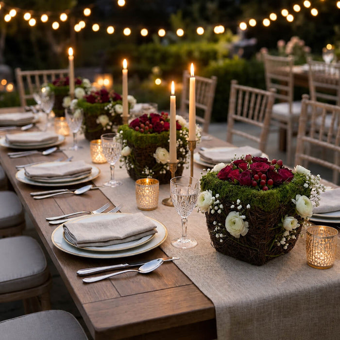 Wicker and moss square pots with red roses and candles on a dining table
