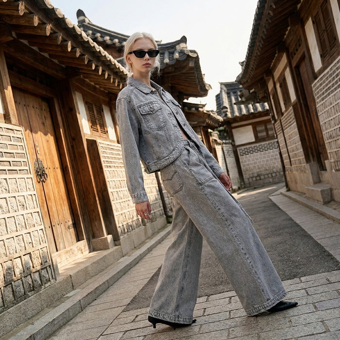 Jean large gris pour femme - Koreanxwear