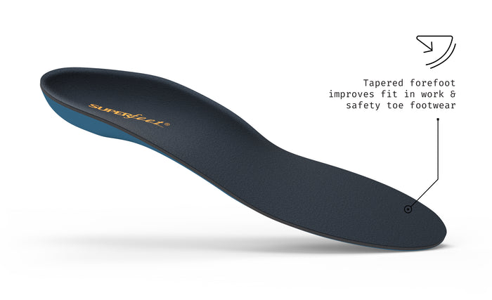 Superfeet's Work Memory Insole against a white background. Text reads "Tapered forefoot improves fit in work and safety toe footwear".