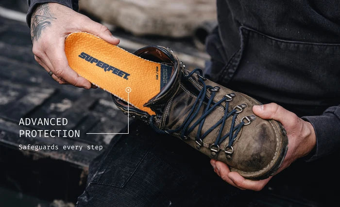 Work Puncture Resistant Insole being put into a boot with text that reads "Advanced protection safeguards every step"