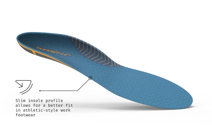Superfeet's Work Slim-Fit Cushion Insole against a white background. Text reads "Slim insole profile allows for a better fit in athletic-style work footwear"