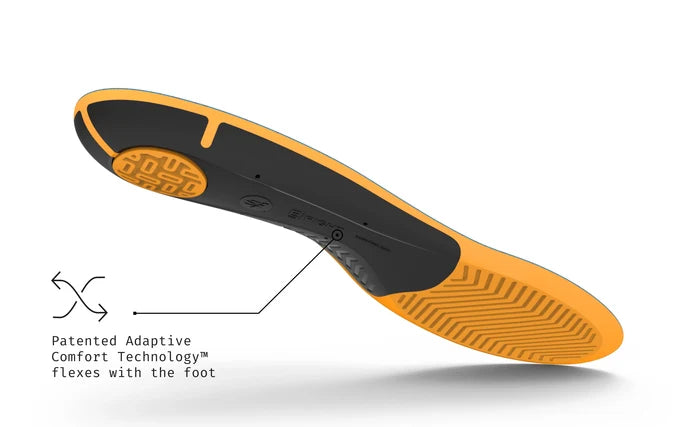 Superfeet's Work Slim-Fit Cushion Insole against a white background. Text reads "Patented Adaptive Comfort Technology flexes with the foot"