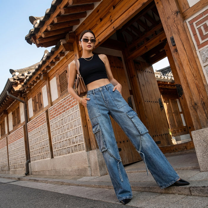 Jean cargo taille haute Y2K femme, coupe large en denim. Style K-fashion tendance.